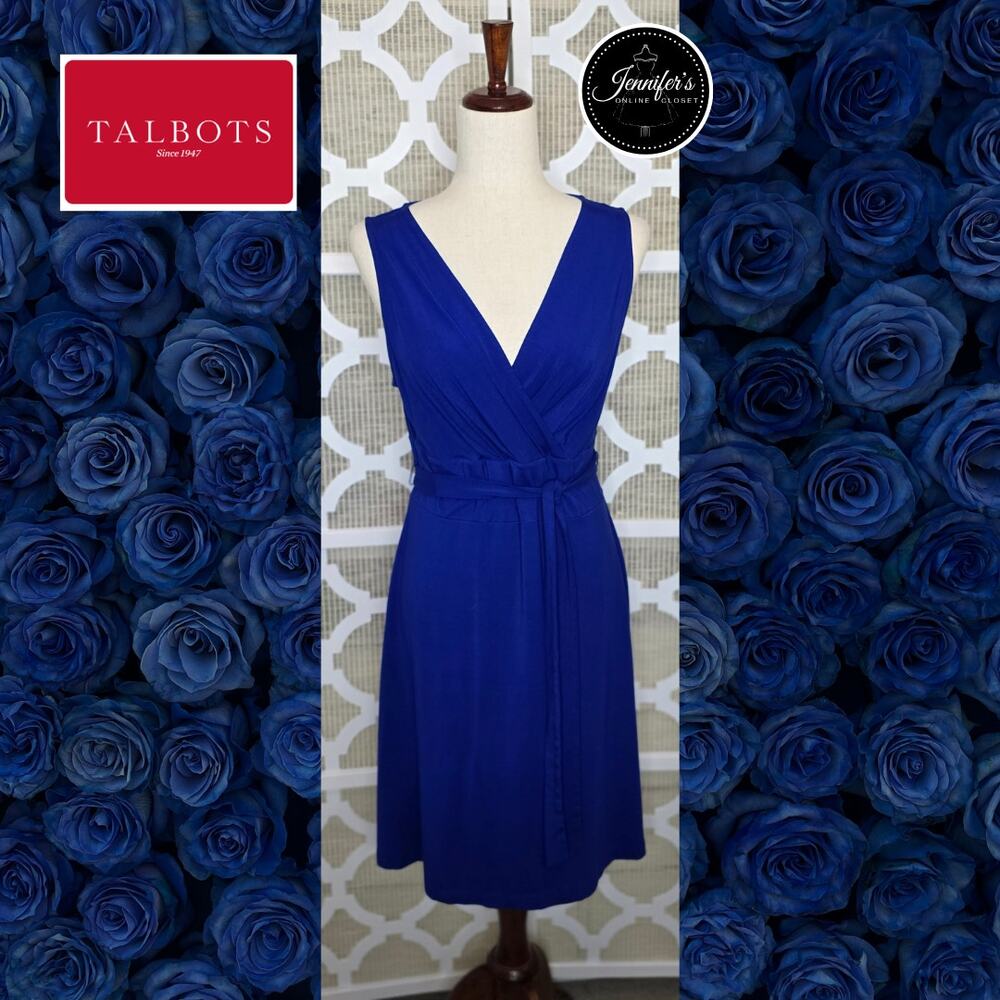 Talbots Cobalt Blue Fit & Flare V-Neck Sleeveless Belted Dress Size M